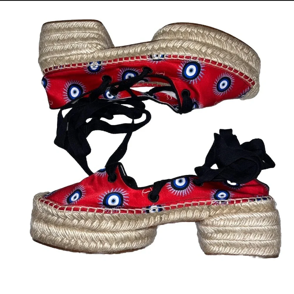 Christian Louboutin Red Espadrilles Evil Eye Platform Lace Up 9 39.5 Resort 🟡